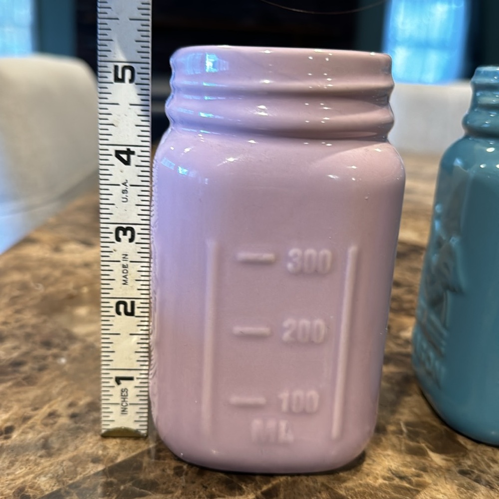 3 decorative mason jars. 2 light purple and 1 blue/green. Excellent condition. - Picture 3 of 4